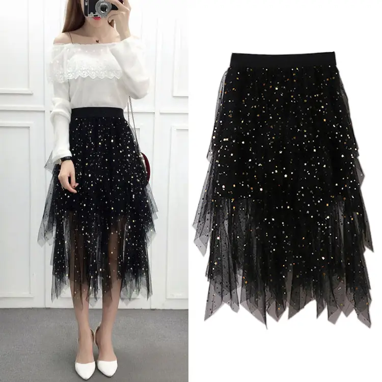 Black Sparkly Sequin Fairy Skirt High Waist Long - Image 50