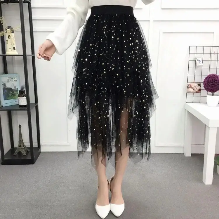 Black Sparkly Sequin Fairy Skirt High Waist Long - Image 6