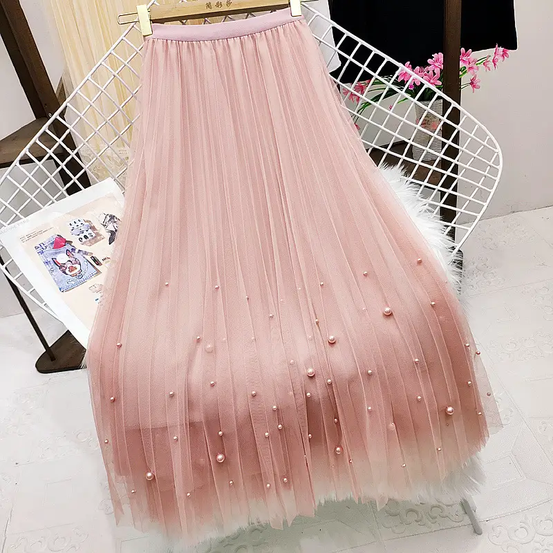 Feminine Beaded Mesh Skirt Pink High Waist