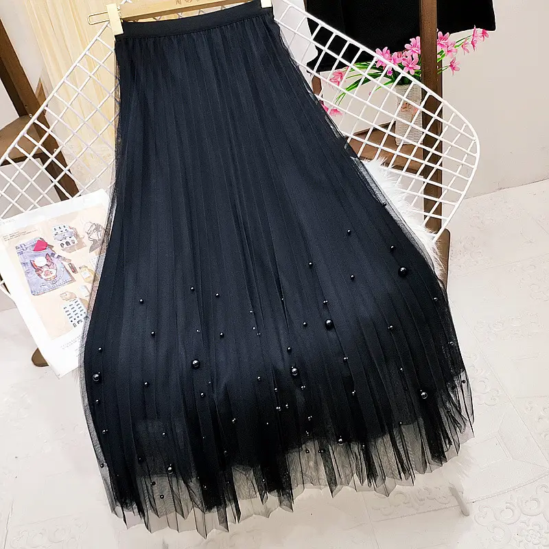 Feminine Beaded Mesh Skirt Pink High Waist