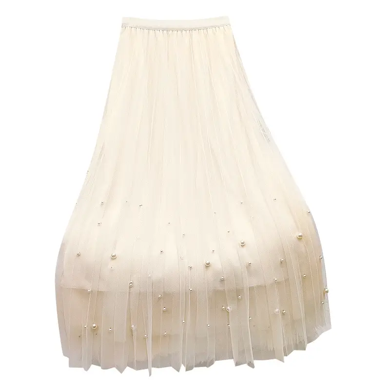 Feminine Beaded Mesh Skirt Pink High Waist
