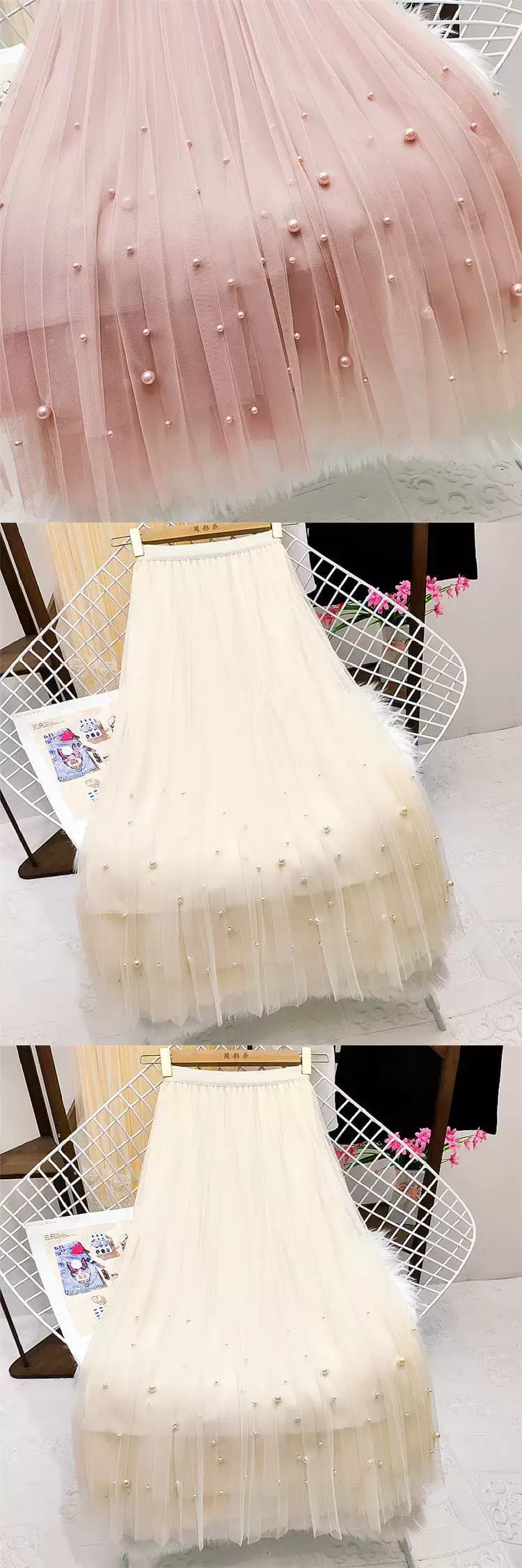 Feminine Beaded Mesh Skirt Pink High Waist — feature 3