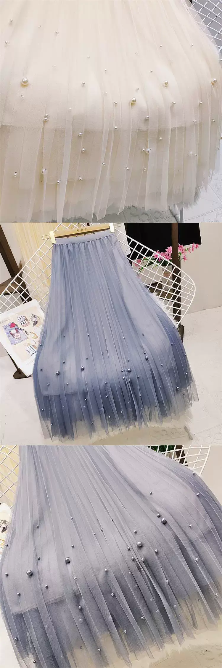 Feminine Beaded Mesh Skirt Pink High Waist — feature 4