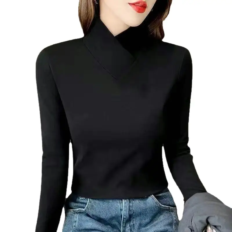 Women Velvet Half Turtleneck Warm T-Shirt - Image 11