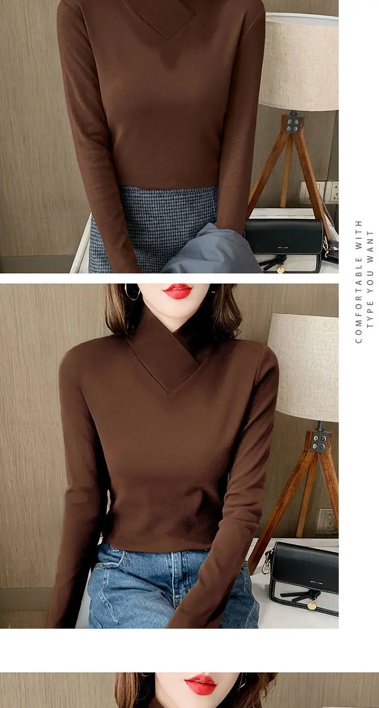Women Velvet Half Turtleneck Warm T-Shirt — feature 35