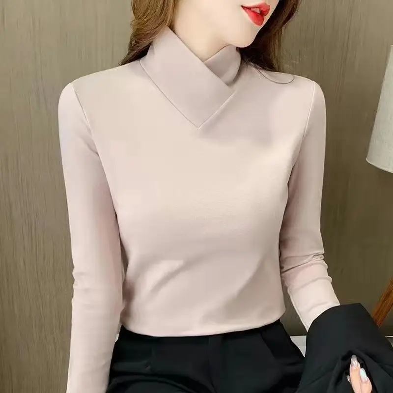 Women Velvet Half Turtleneck Warm T-Shirt - Image 2