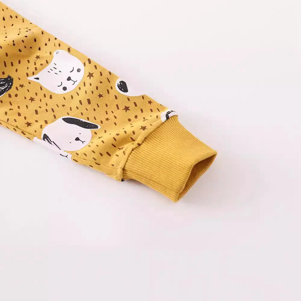 Yellow Cat Print Long Sleeve Terry Sweatshirt for Kids - Image 3