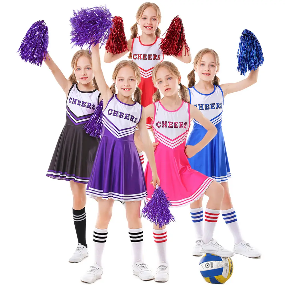 Children's Red Cheerleader Dress with Pom Pom Wings - Image 7