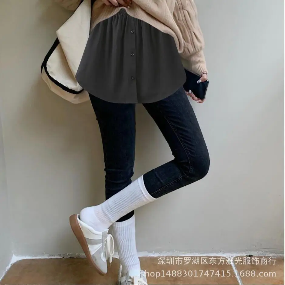 New European American Export Fake Hem Short Skirt Sweatshirt Bottoming Pure Color Buttoned 3XL - Image 4