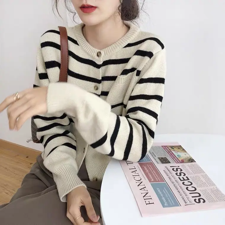 Women Striped Long Sleeve Knit Sweater Red White - Image 5