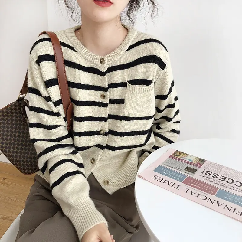 Women Striped Long Sleeve Knit Sweater Red White - Image 6