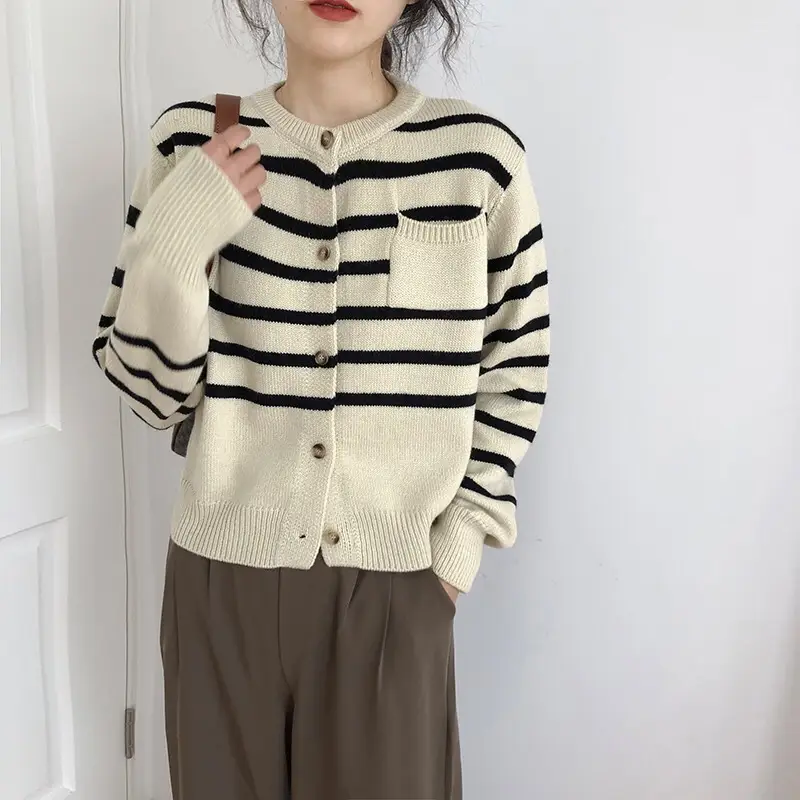 Women Striped Long Sleeve Knit Sweater Red White - Image 7