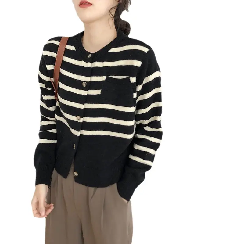 Women Striped Long Sleeve Knit Sweater Red White - Image 8