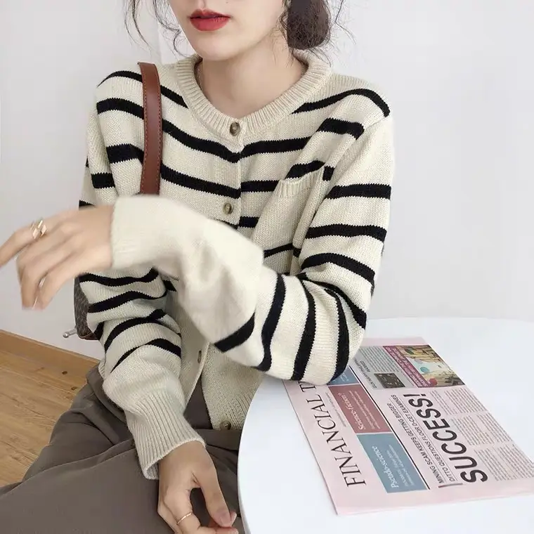 Women Striped Long Sleeve Knit Sweater Red White - Image 3