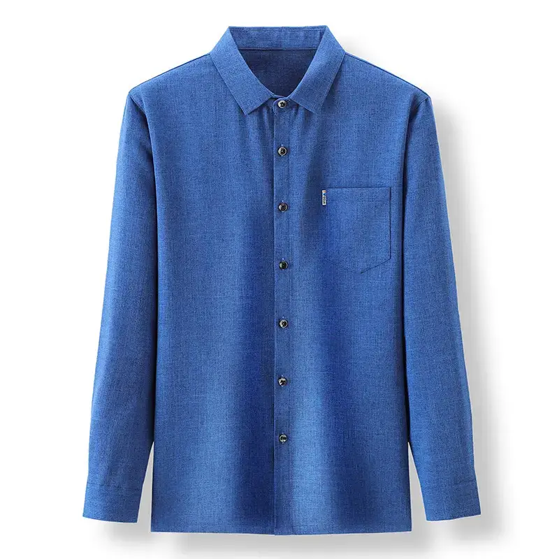 Men's Blue Ice Silk Long Sleeve Shirt - Image 13