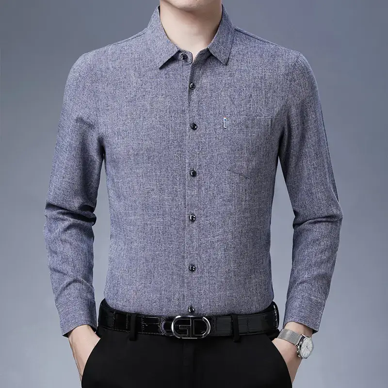 Men's Blue Ice Silk Long Sleeve Shirt - Image 2