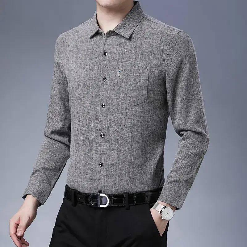 Men's Blue Ice Silk Long Sleeve Shirt - Image 5