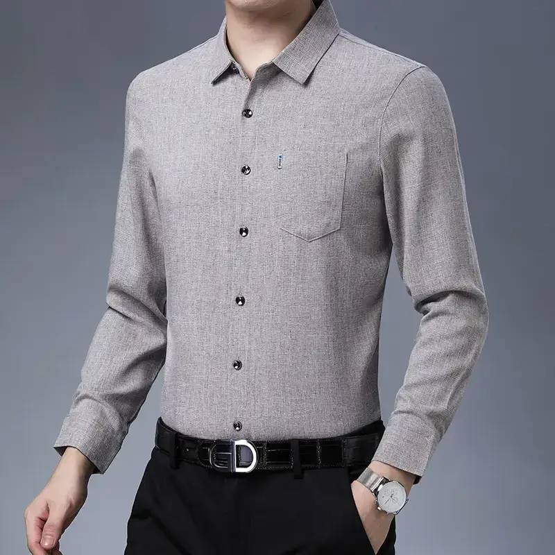 Men's Blue Ice Silk Long Sleeve Shirt - Image 6