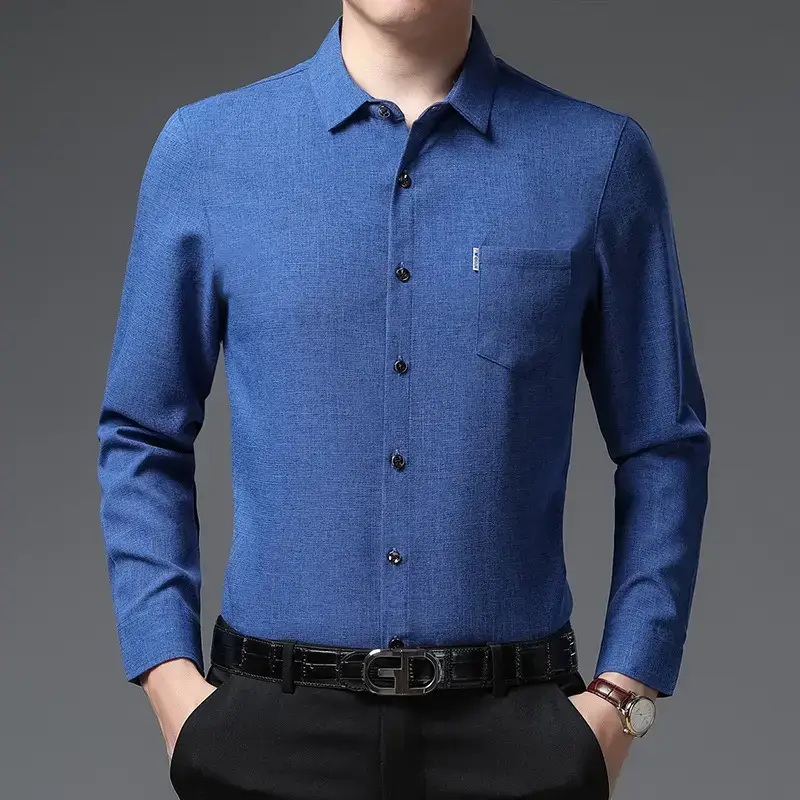 Men's Blue Ice Silk Long Sleeve Shirt - Image 7