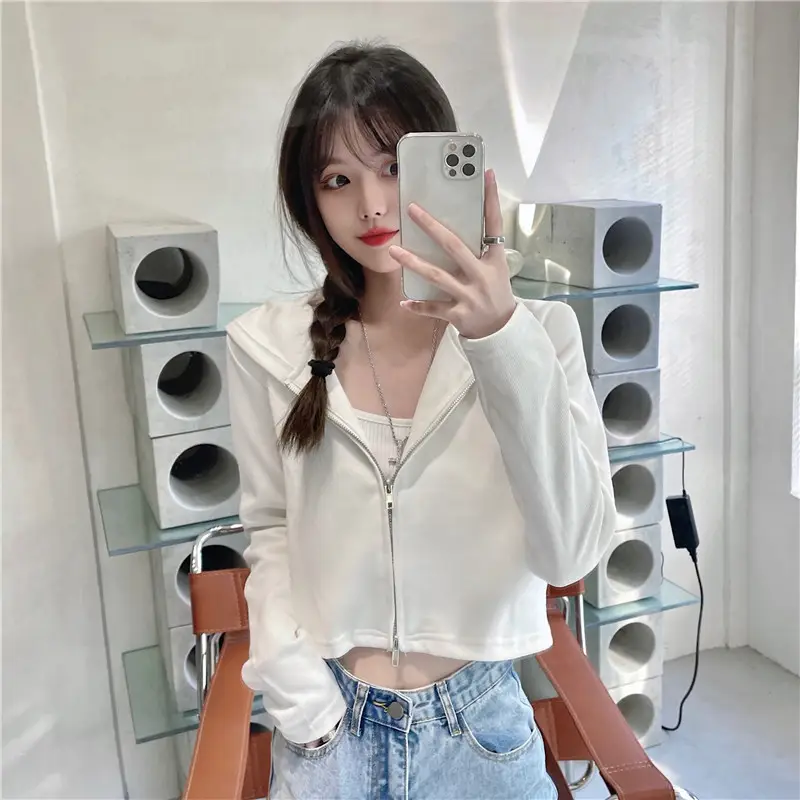 Women Korean Style Long Sleeve Zipper Hoodie Black