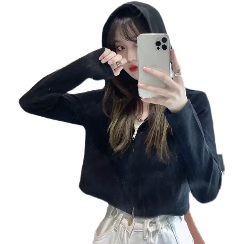 Women Korean Style Long Sleeve Zipper Hoodie Black