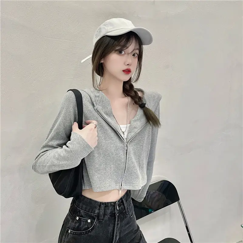 Women Korean Style Long Sleeve Zipper Hoodie Black — feature 10