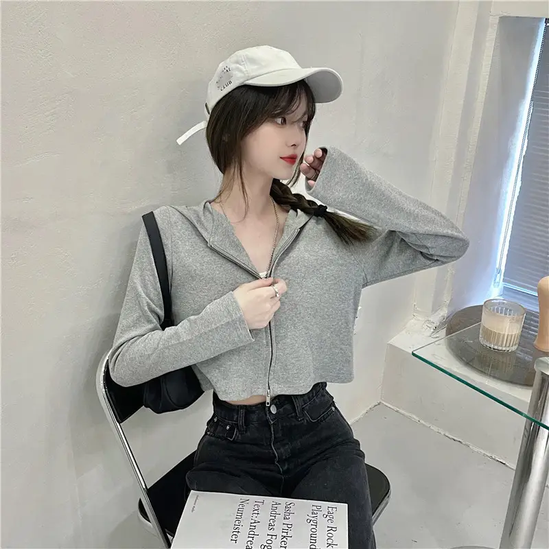 Women Korean Style Long Sleeve Zipper Hoodie Black — feature 13