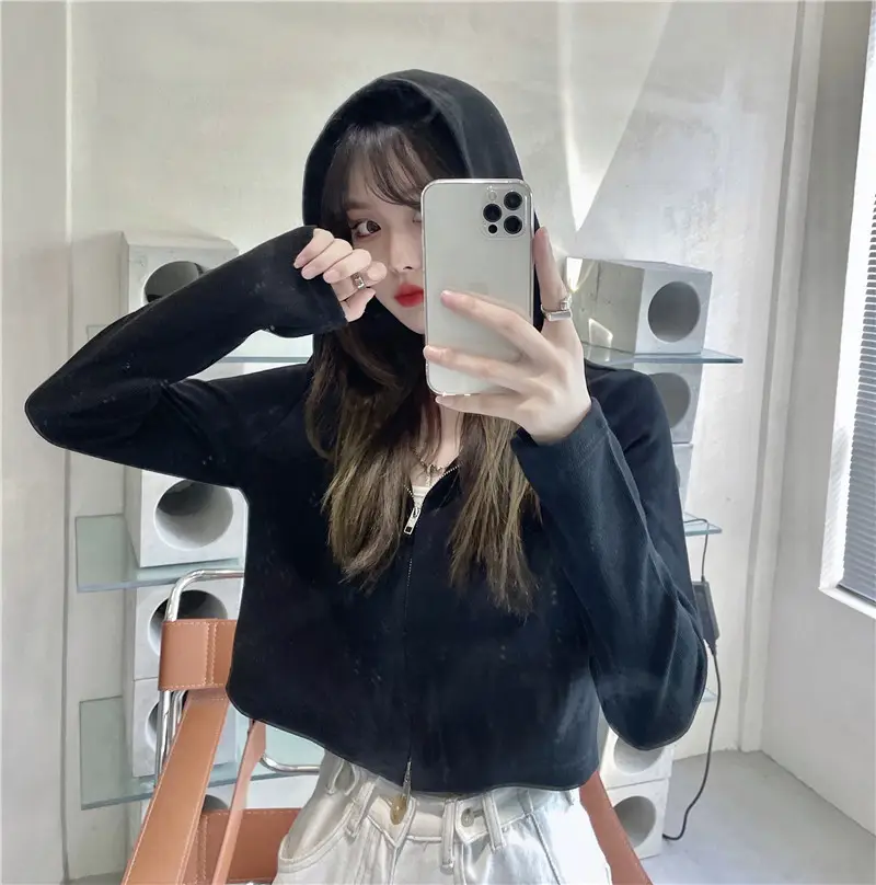 Women Korean Style Long Sleeve Zipper Hoodie Black — feature 14