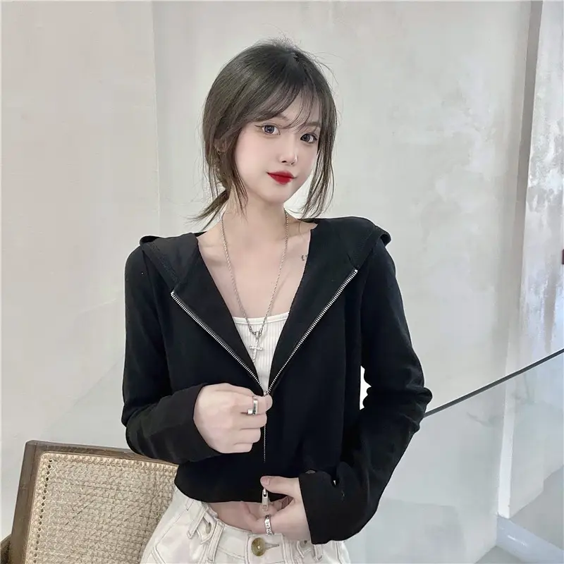 Women Korean Style Long Sleeve Zipper Hoodie Black — feature 16