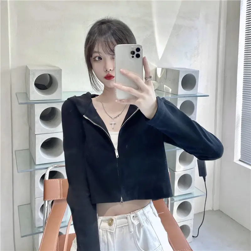 Women Korean Style Long Sleeve Zipper Hoodie Black — feature 18