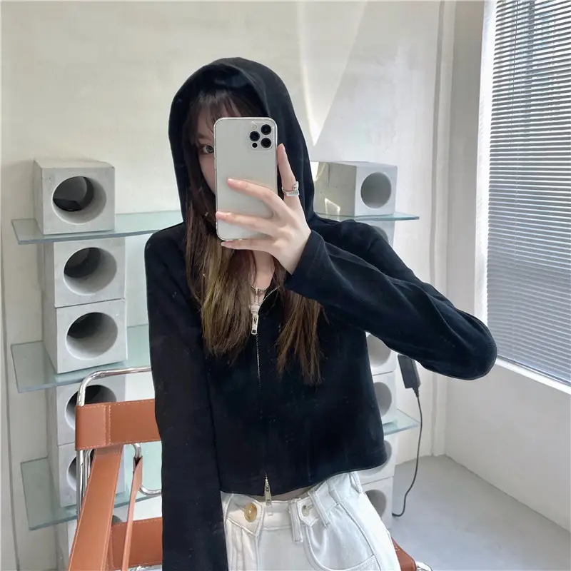 Women Korean Style Long Sleeve Zipper Hoodie Black — feature 19