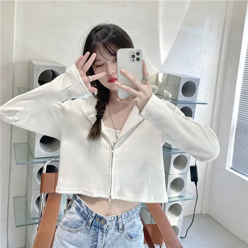 Women Korean Style Long Sleeve Zipper Hoodie Black — feature 3