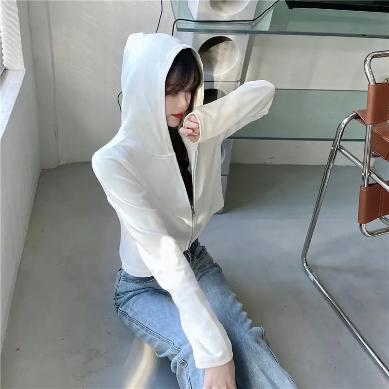 Women Korean Style Long Sleeve Zipper Hoodie Black — feature 5