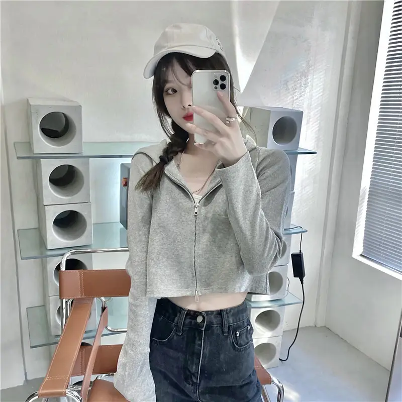 Women Korean Style Long Sleeve Zipper Hoodie Black — feature 8