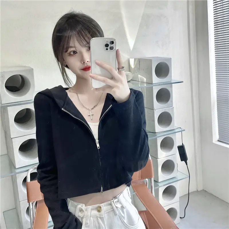 Women Korean Style Long Sleeve Zipper Hoodie Black