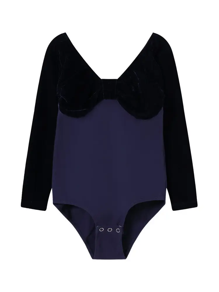 Girls Velvet Long Sleeve Ballet Dance Suit Blue - Image 19