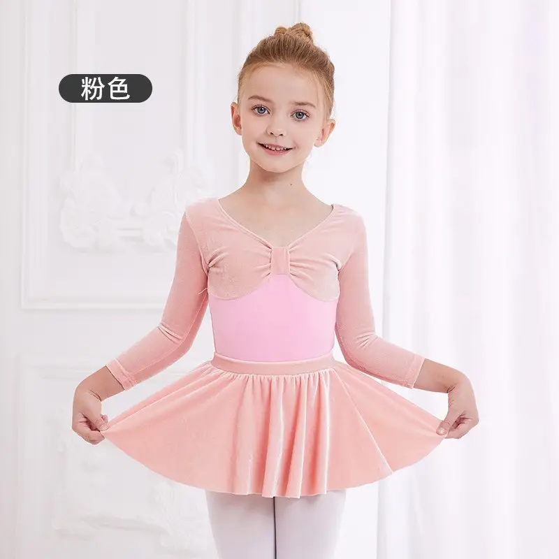 Girls Velvet Long Sleeve Ballet Dance Suit Blue - Image 11