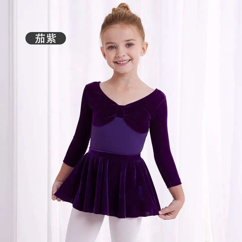 Girls Velvet Long Sleeve Ballet Dance Suit Blue - Image 12