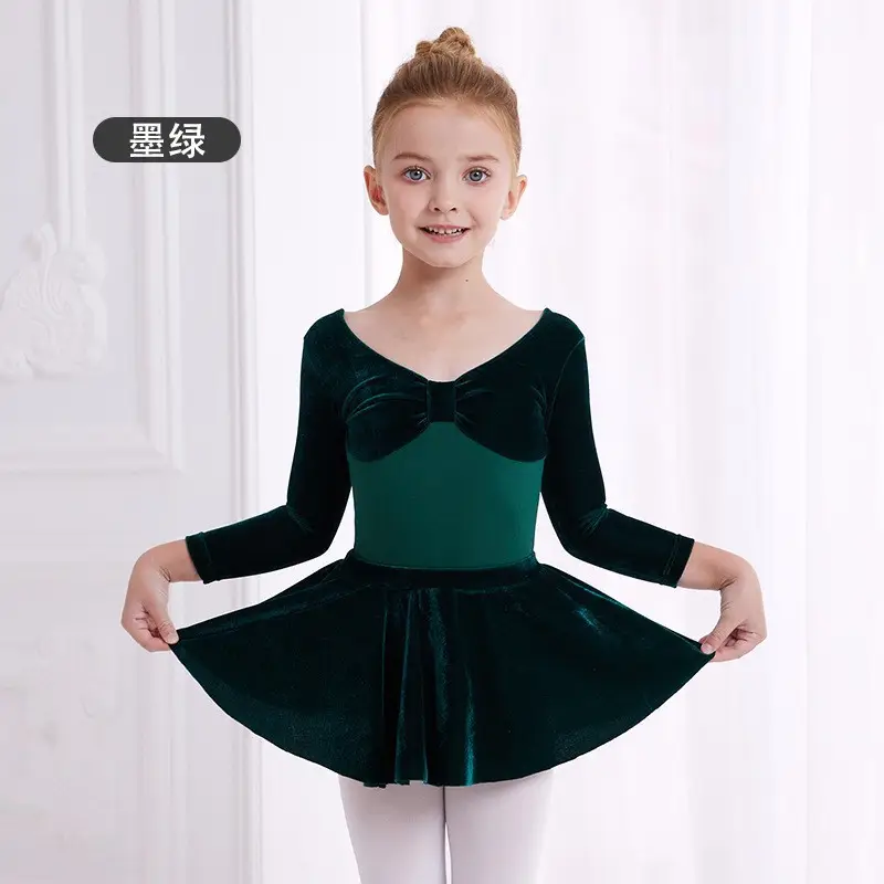Girls Velvet Long Sleeve Ballet Dance Suit Blue - Image 13