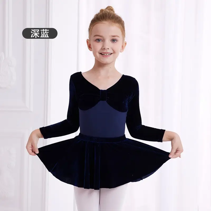 Girls Velvet Long Sleeve Ballet Dance Suit Blue - Image 14
