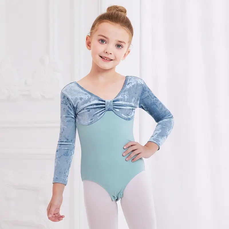 Girls Velvet Long Sleeve Ballet Dance Suit Blue - Image 8