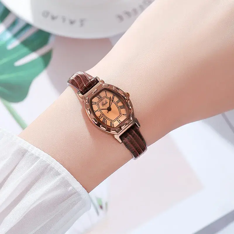 Women's Watch Antique Barrel Shape Brown Belt Roman Scale