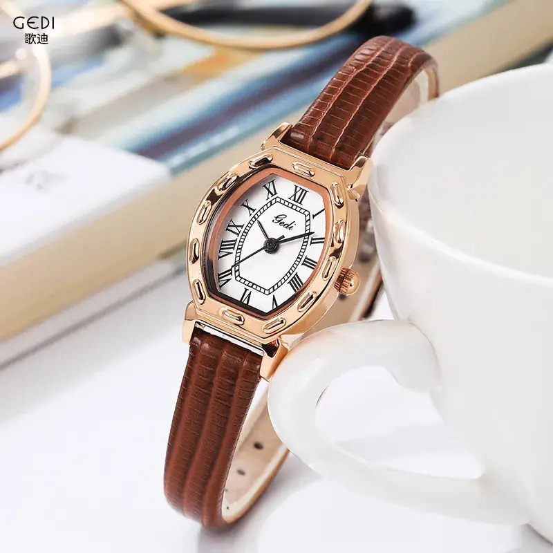 Women's Watch Antique Barrel Shape Brown Belt Roman Scale