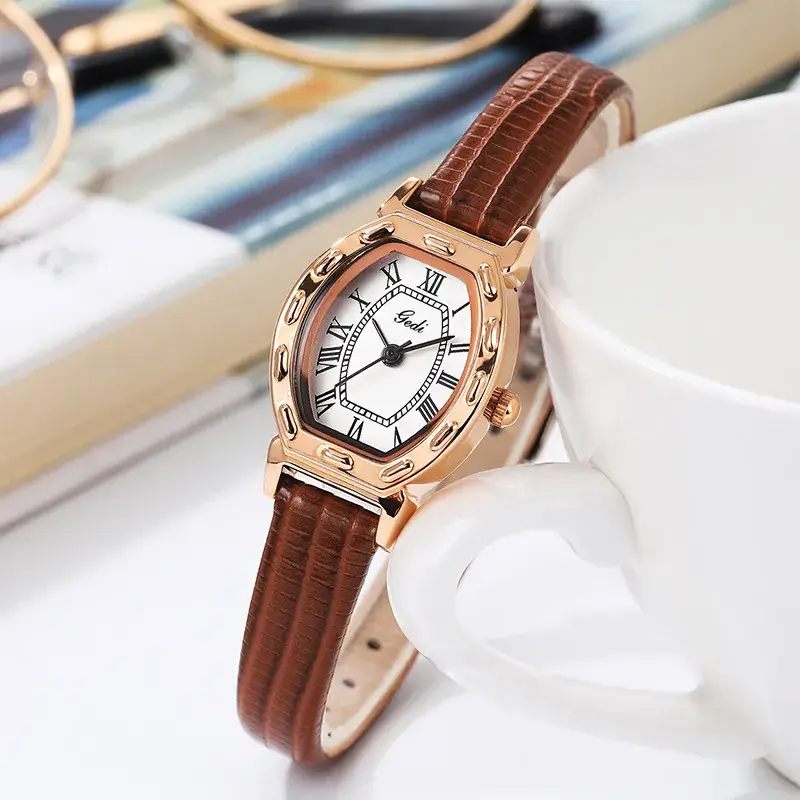 Women's Watch Antique Barrel Shape Brown Belt Roman Scale