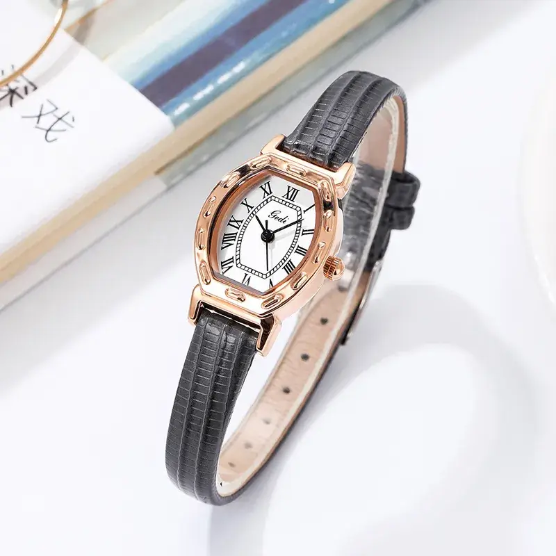 Women's Watch Antique Barrel Shape Brown Belt Roman Scale