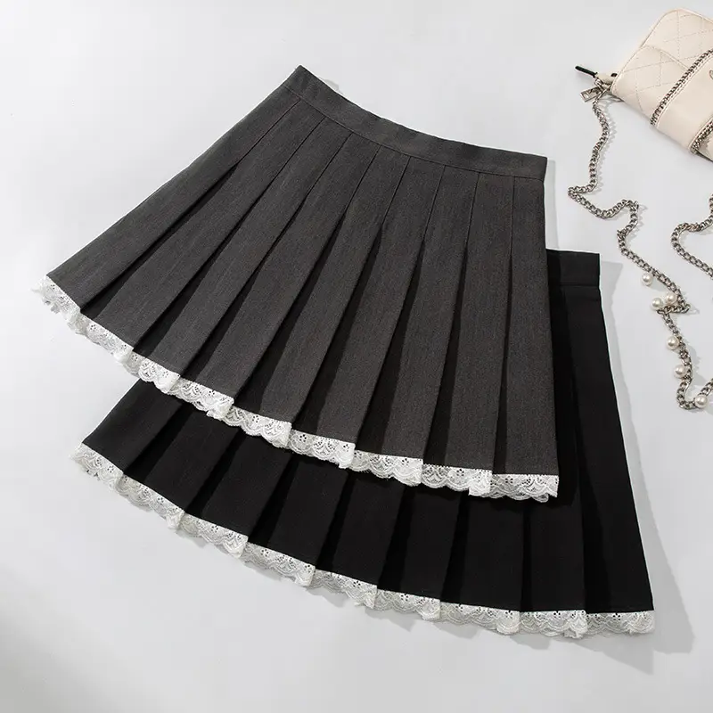 Black Pleated Skirt High Waist Lace Stitching - Image 3