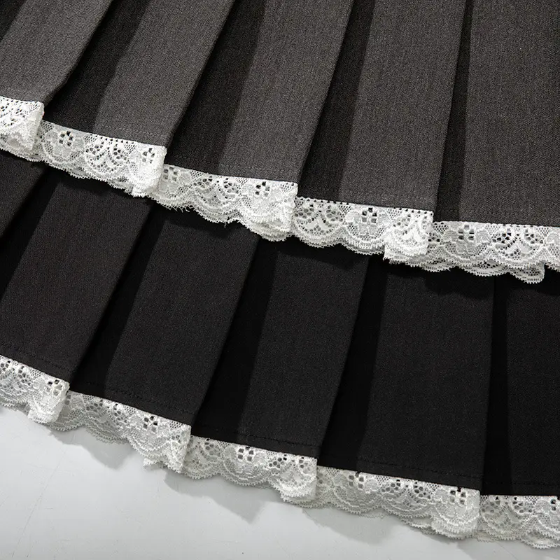 Black Pleated Skirt High Waist Lace Stitching - Image 5