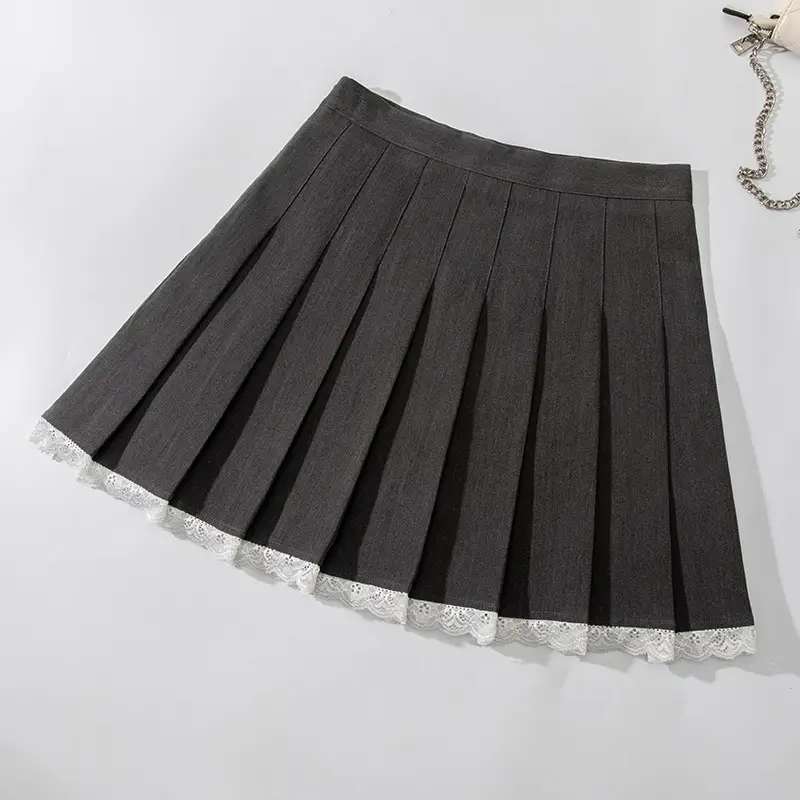 Black Pleated Skirt High Waist Lace Stitching - Image 6