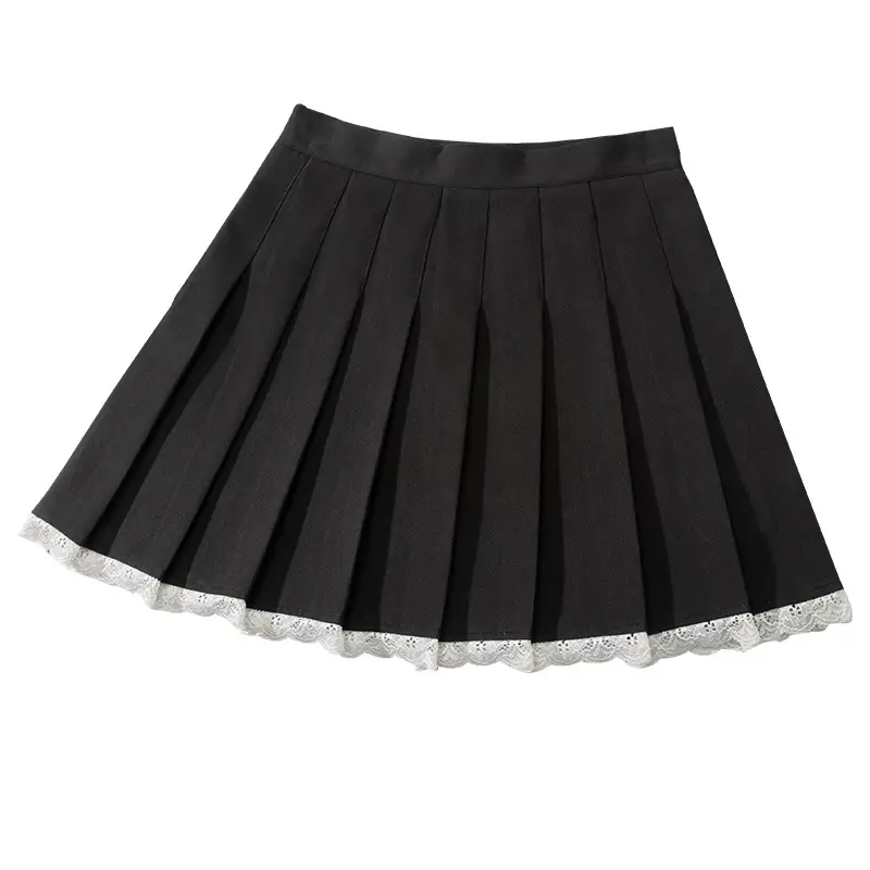 Black Pleated Skirt High Waist Lace Stitching - Image 7
