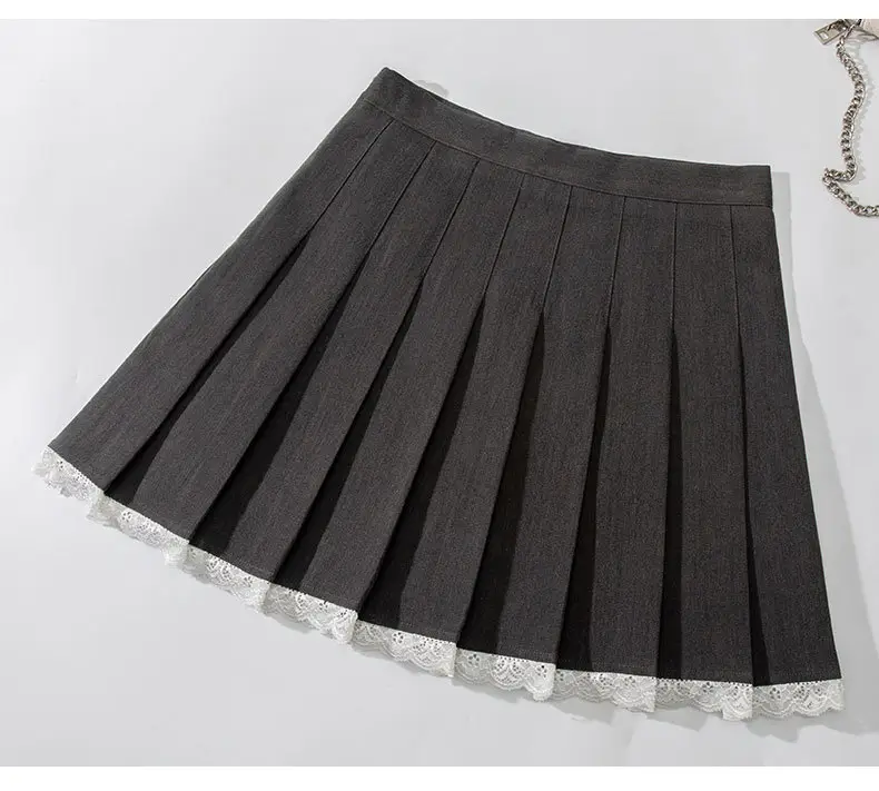 Black Pleated Skirt High Waist Lace Stitching - Image 2